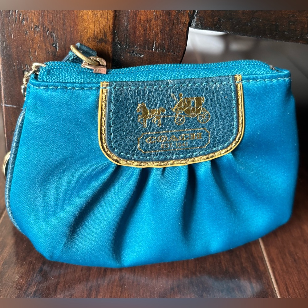Coach Amanda Teal Satin Mini Skinny Zip Coin Purse - Picture 4 of 8